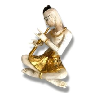 Sitting Classical Thai Musician With Flute in Acacia Wood