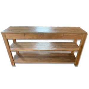 64"x16"x34" Teak Console with Two Shelves and Four Drawers
