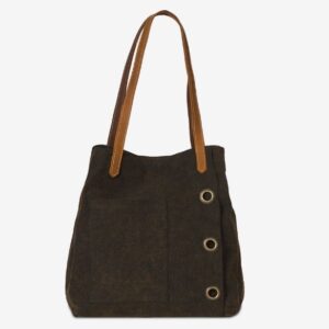 Stone Washed Canvas Tote Bag with Leather Straps and Brass Rings