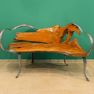 54" Abstract Teak and Stainless Steel Bench