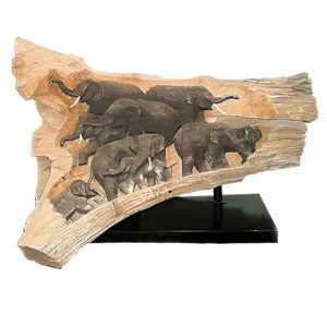 59" x 33" Teak Root with 9 Carved Elephants